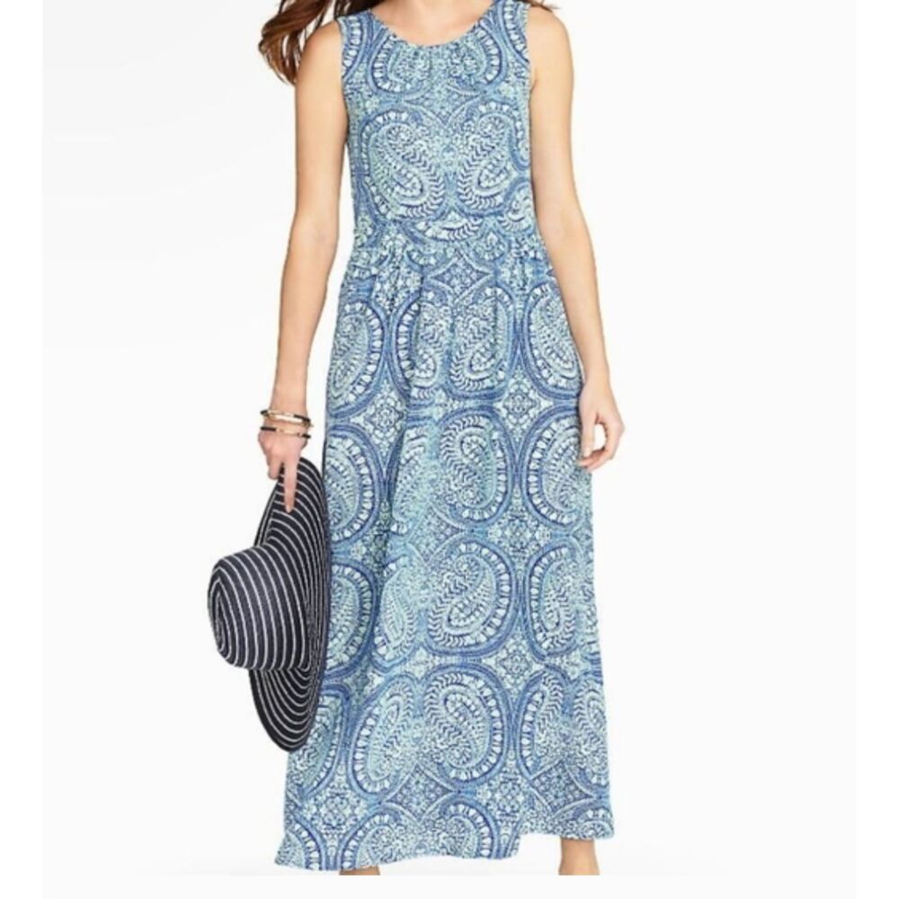 Talbots Blue and White Floral Paisley Long Maxi Sun Dress Vacation Summer Petite
